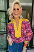 Split Neck All Over Floral Print Contrast Trim Blouse