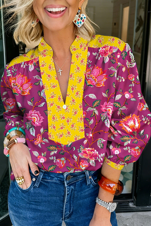 Split Neck All Over Floral Print Contrast Trim Blouse