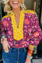 Split Neck All Over Floral Print Contrast Trim Blouse