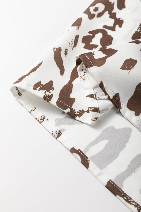Split Neck Balloon Sleeve Animal Print Woven Blouse