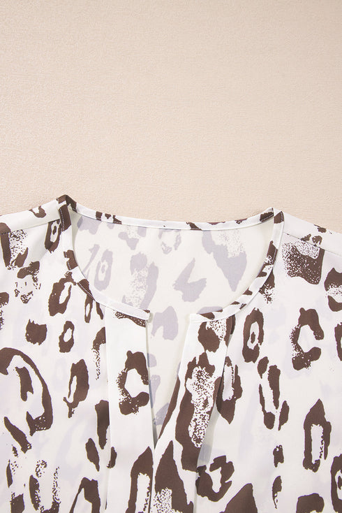 Split Neck Balloon Sleeve Animal Print Woven Blouse