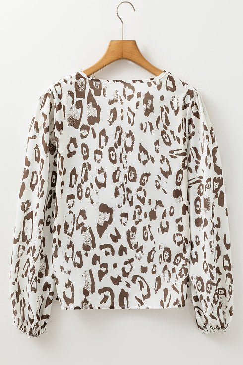 Split Neck Balloon Sleeve Animal Print Woven Blouse