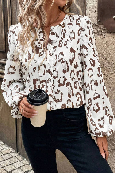 Split Neck Balloon Sleeve Animal Print Woven Blouse