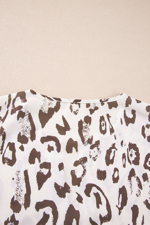 Split Neck Balloon Sleeve Animal Print Woven Blouse