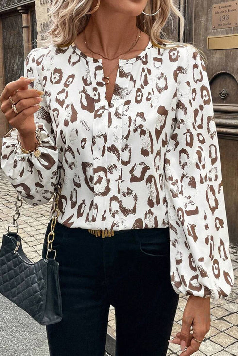 Split Neck Balloon Sleeve Animal Print Woven Blouse