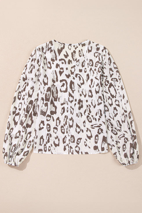 Split Neck Balloon Sleeve Animal Print Woven Blouse
