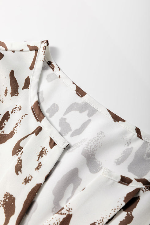 Split Neck Balloon Sleeve Animal Print Woven Blouse