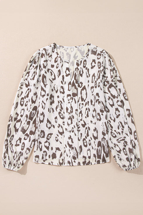 Split Neck Balloon Sleeve Animal Print Woven Blouse