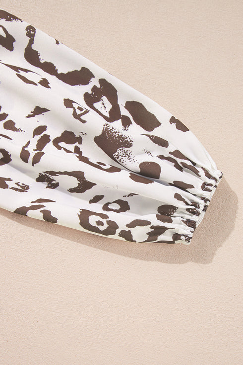 Split Neck Balloon Sleeve Animal Print Woven Blouse