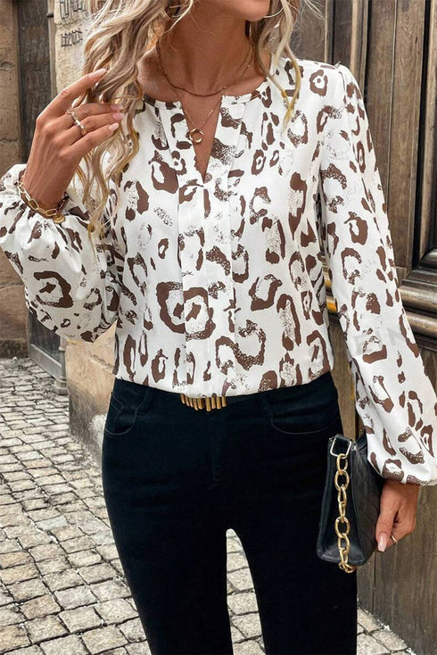 Split Neck Balloon Sleeve Animal Print Woven Blouse