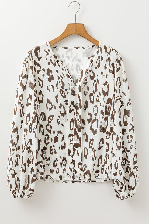 Split Neck Balloon Sleeve Animal Print Woven Blouse