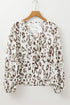 Split Neck Balloon Sleeve Animal Print Woven Blouse