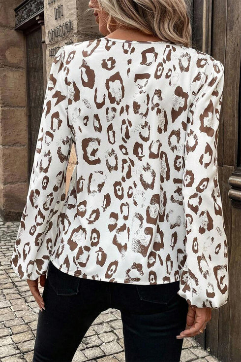 Split Neck Balloon Sleeve Animal Print Woven Blouse