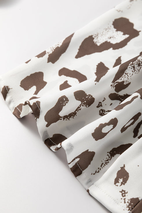 Split Neck Balloon Sleeve Animal Print Woven Blouse