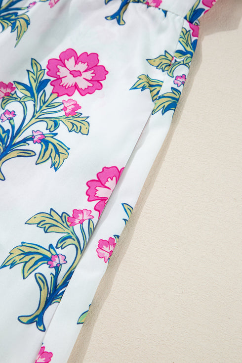 Split Neck Contrast Trim Floral Print Tiered Puff Sleeve Dress