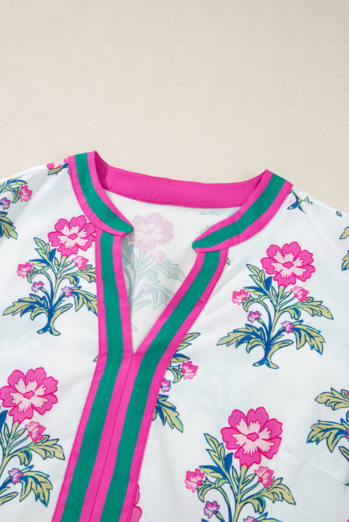 Split Neck Contrast Trim Floral Print Tiered Puff Sleeve Dress