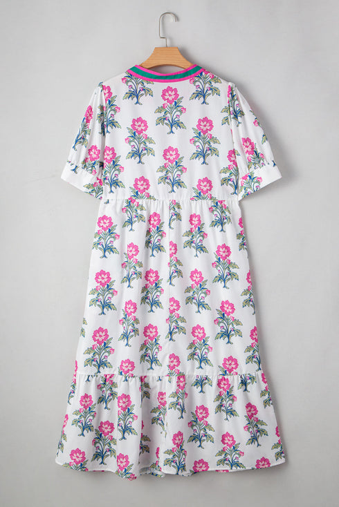 Split Neck Contrast Trim Floral Print Tiered Puff Sleeve Dress