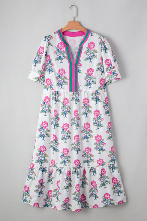 Split Neck Contrast Trim Floral Print Tiered Puff Sleeve Dress