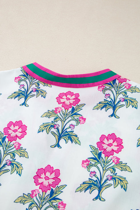 Split Neck Contrast Trim Floral Print Tiered Puff Sleeve Dress