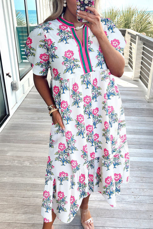 Split Neck Contrast Trim Floral Print Tiered Puff Sleeve Dress
