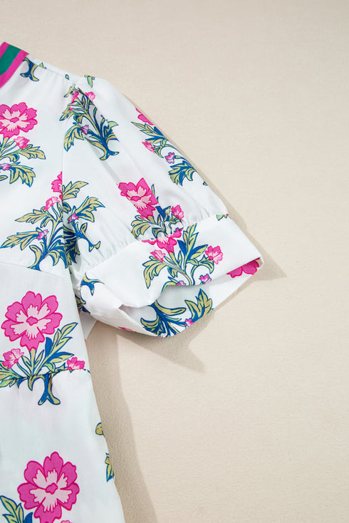 Split Neck Contrast Trim Floral Print Tiered Puff Sleeve Dress