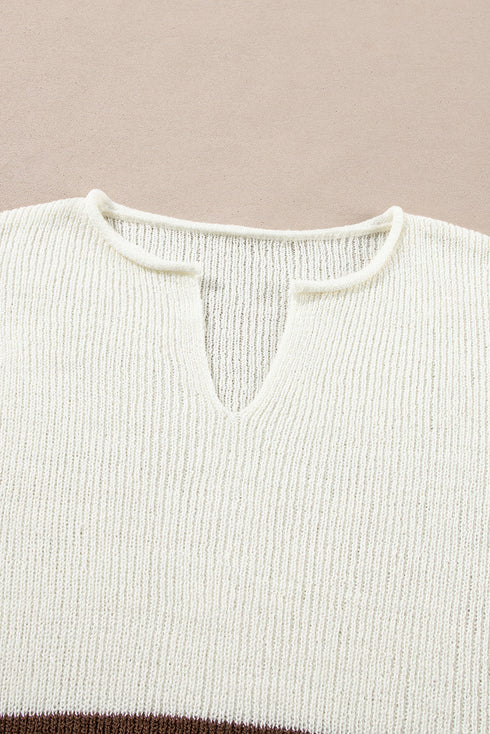 Split Neck Drop Shoulder Striped Knit Sweater