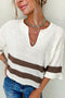 Split Neck Drop Shoulder Striped Knit Sweater