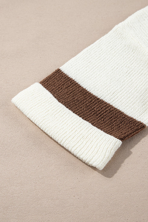 Split Neck Drop Shoulder Striped Knit Sweater