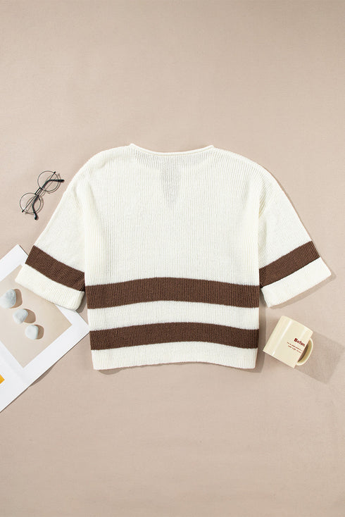 Split Neck Drop Shoulder Striped Knit Sweater