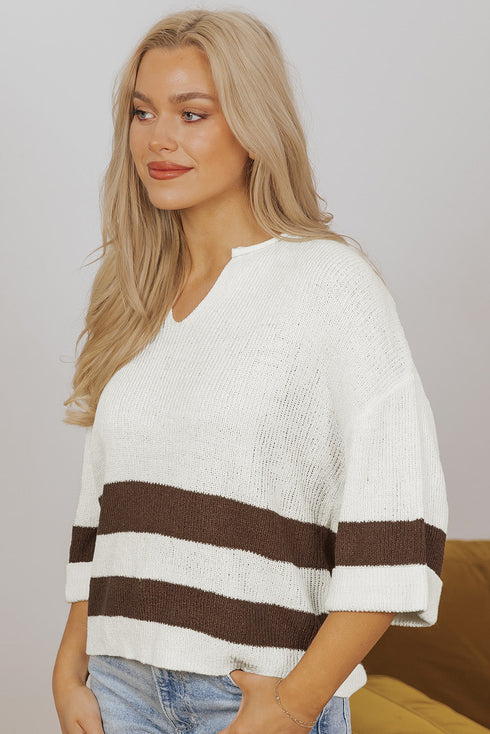 Split Neck Drop Shoulder Striped Knit Sweater