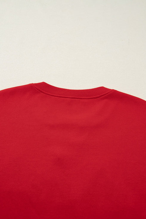 Split Neck Embellished Graphic Raw Hem Pullover Sweatshirt