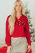 Split Neck Embellished Graphic Raw Hem Pullover Sweatshirt