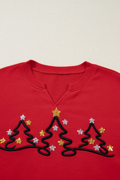 Split Neck Embellished Graphic Raw Hem Pullover Sweatshirt