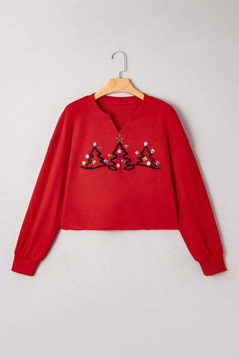 Split Neck Embellished Graphic Raw Hem Pullover Sweatshirt