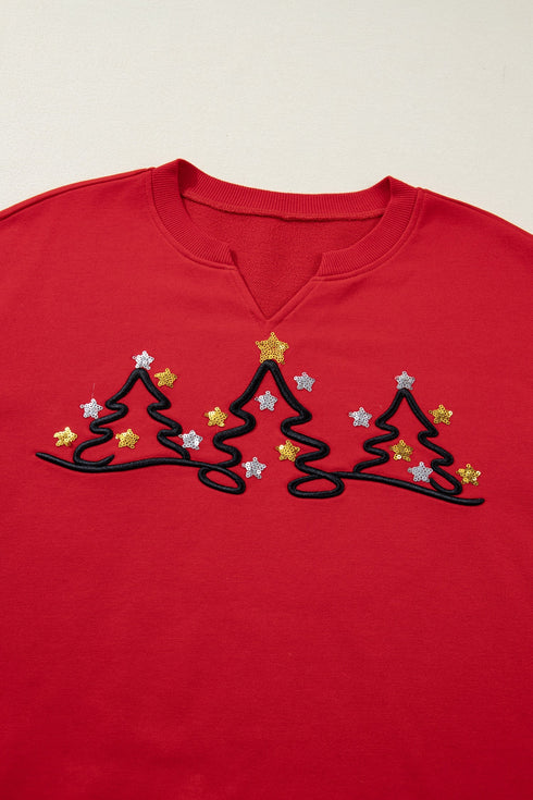 Split Neck Embellished Graphic Raw Hem Pullover Sweatshirt