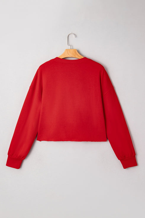 Split Neck Embellished Graphic Raw Hem Pullover Sweatshirt