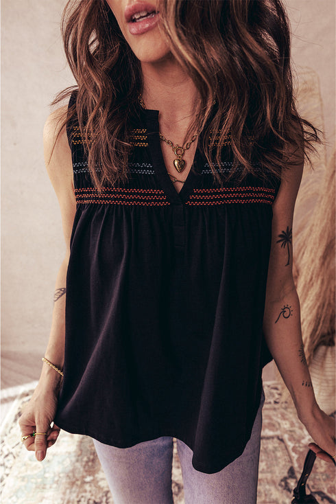 Split Neck Embroidered Detail Sleeveless Jersey Tank