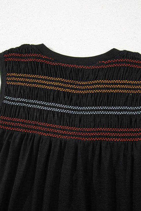 Split Neck Embroidered Detail Sleeveless Jersey Tank