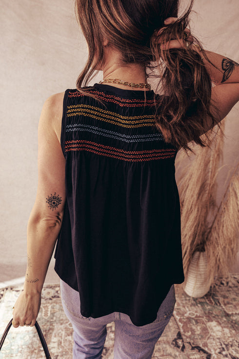 Split Neck Embroidered Detail Sleeveless Jersey Tank