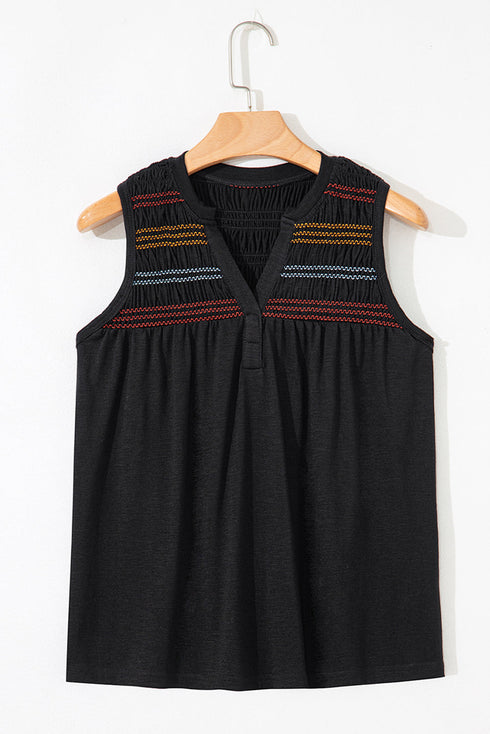 Split Neck Embroidered Detail Sleeveless Jersey Tank