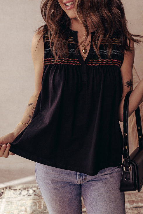 Split Neck Embroidered Detail Sleeveless Jersey Tank
