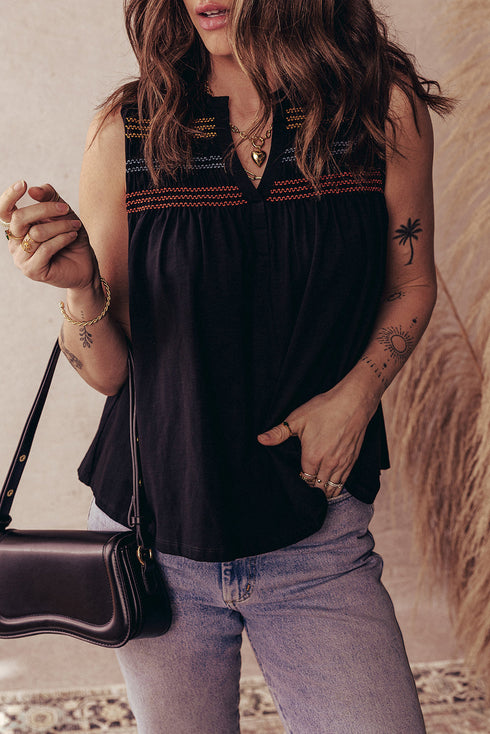 Split Neck Embroidered Detail Sleeveless Jersey Tank