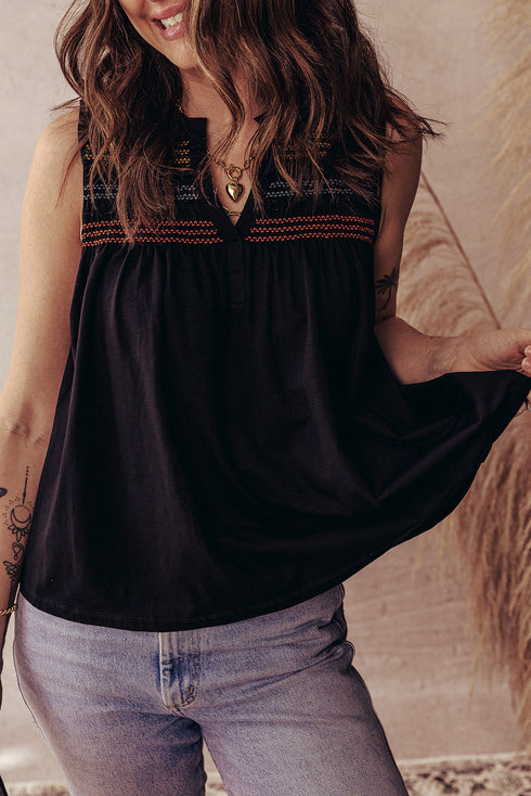 Split Neck Embroidered Detail Sleeveless Jersey Tank