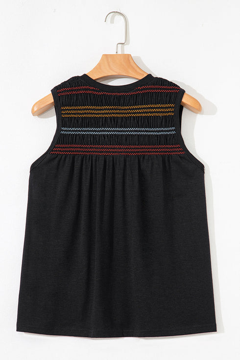 Split Neck Embroidered Detail Sleeveless Jersey Tank