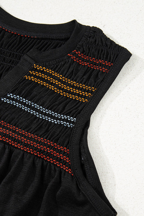 Split Neck Embroidered Detail Sleeveless Jersey Tank