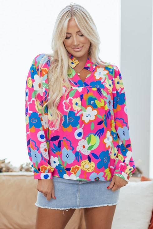 Split Neck Floral Print Long Sleeve Woven Blouse