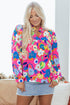 Split Neck Floral Print Long Sleeve Woven Blouse