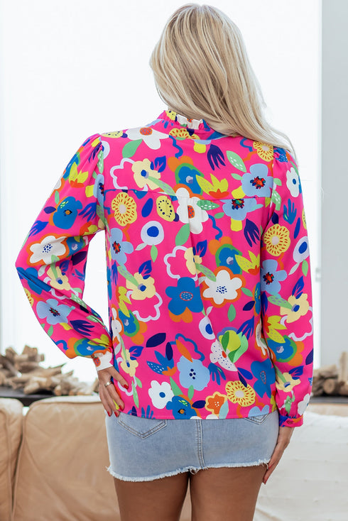 Split Neck Floral Print Long Sleeve Woven Blouse