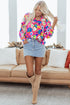 Split Neck Floral Print Long Sleeve Woven Blouse