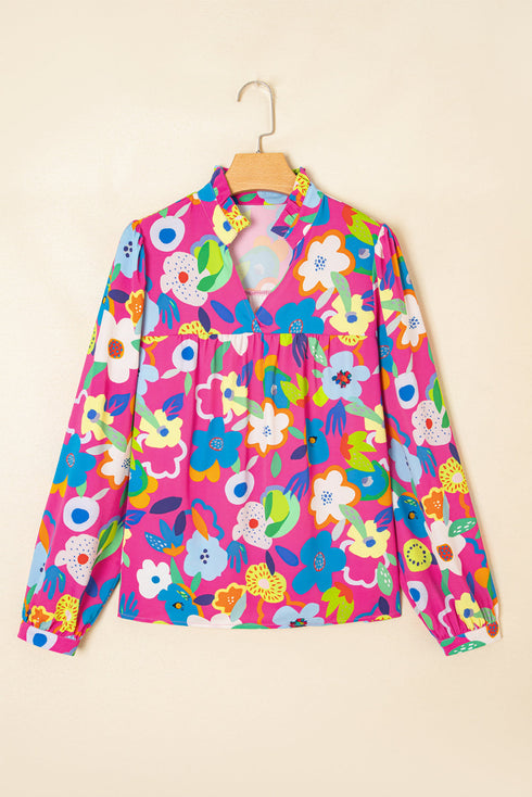 Split Neck Floral Print Long Sleeve Woven Blouse